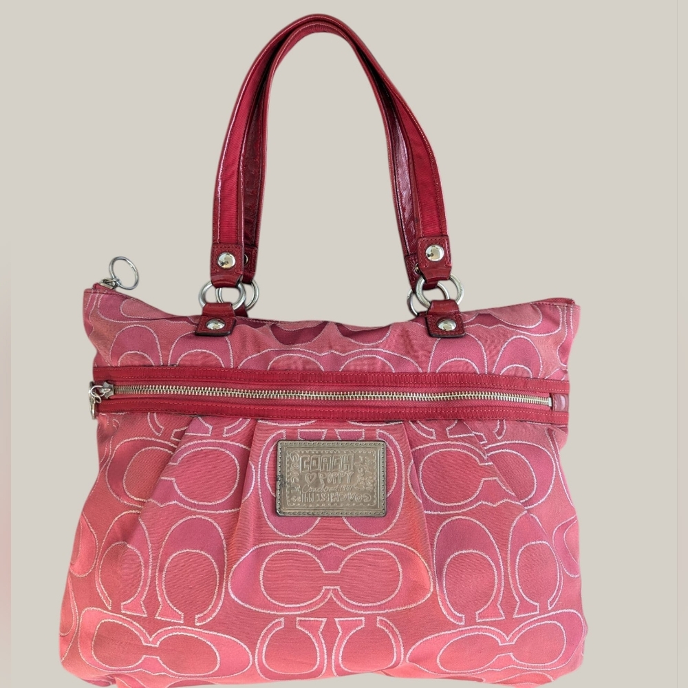 💥 Coach Red Shoulder Bag with Signature Design Poppy Glam Tote